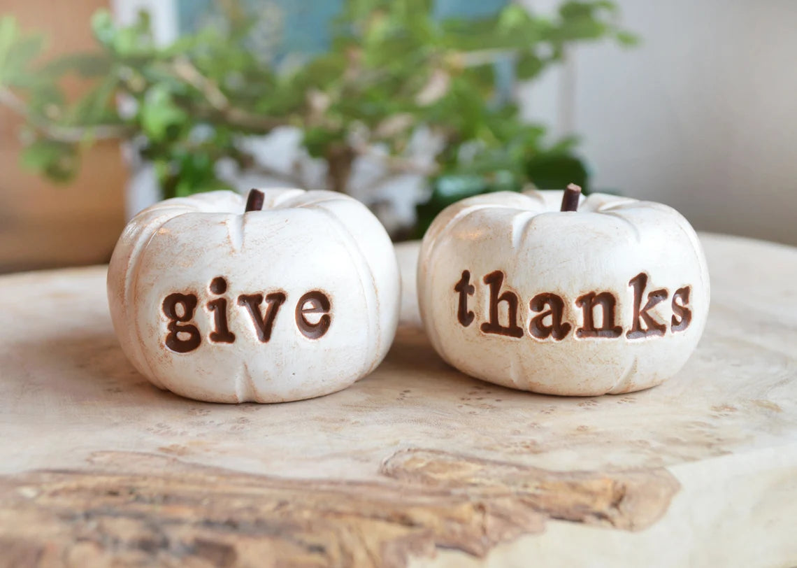 Vintage white give thanks pumpkins / Thanksgiving hostess gift / FREE SHIPPING