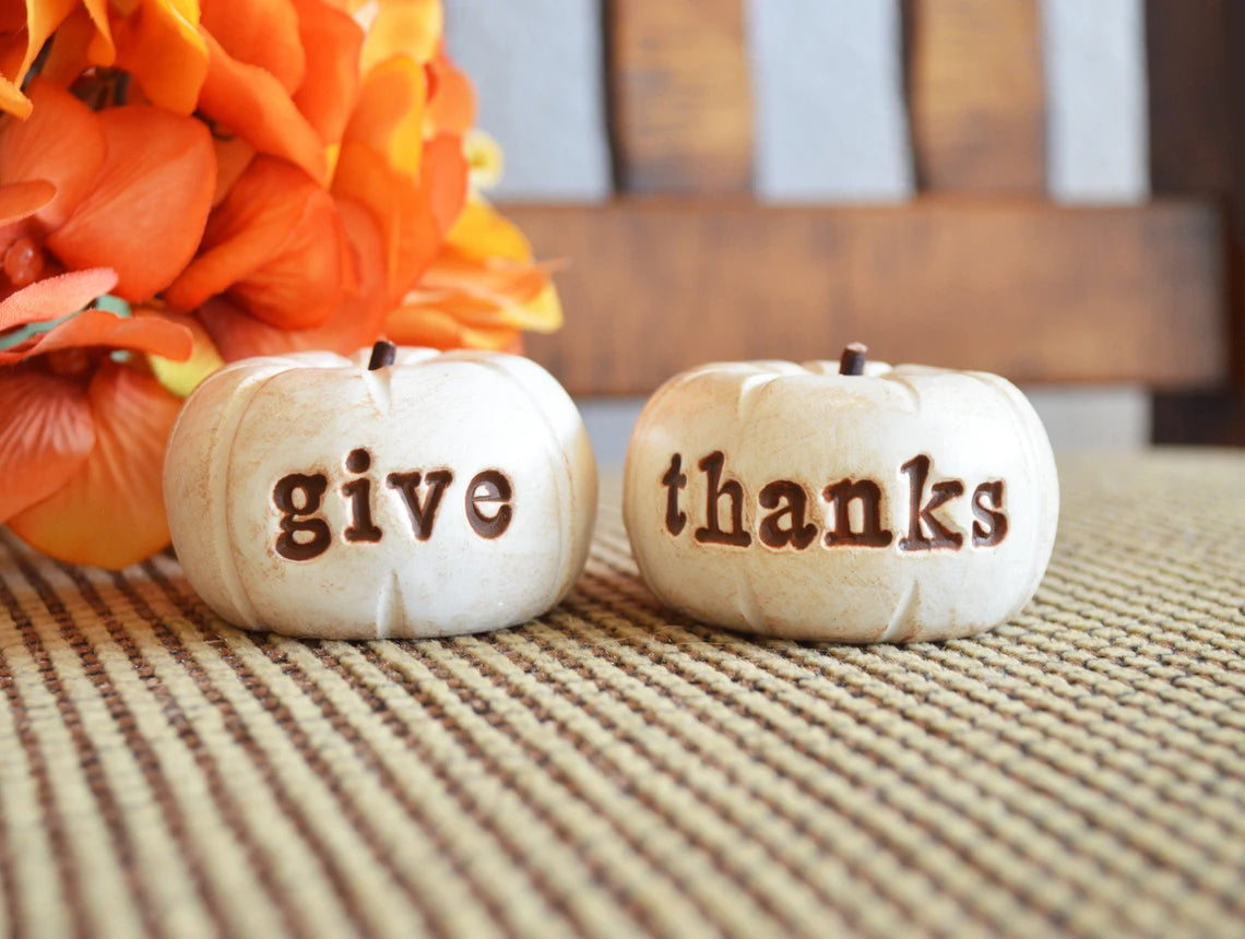 Vintage white give thanks pumpkins / Thanksgiving hostess gift
