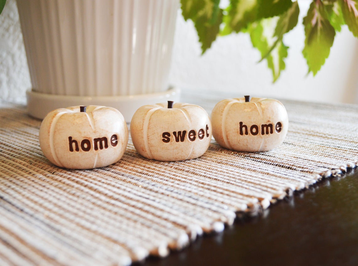 3 rustic white home sweet home pumpkins