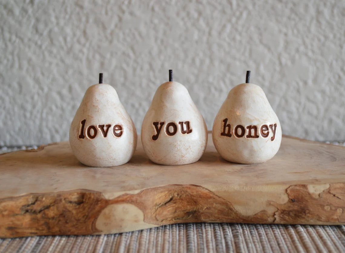Rustic white love you honey pears