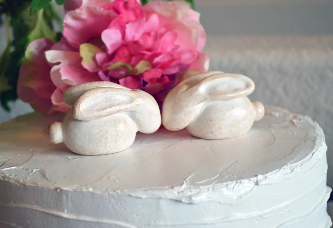 Bunnies wedding cake topper...vintage white bunny rabbits / handmade toppers