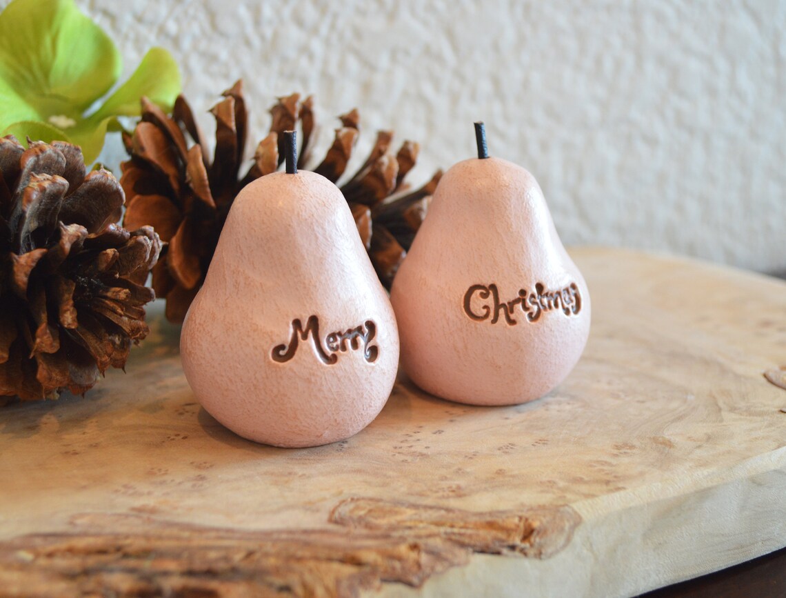 2 vintage style pink Merry Christmas pears