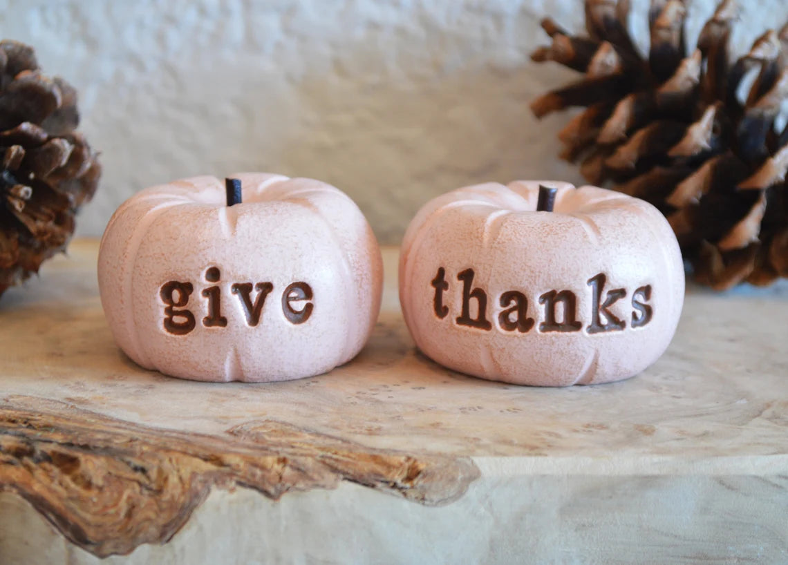 Rustic pink give thanks pumpkins / Thanksgiving tabletop decor