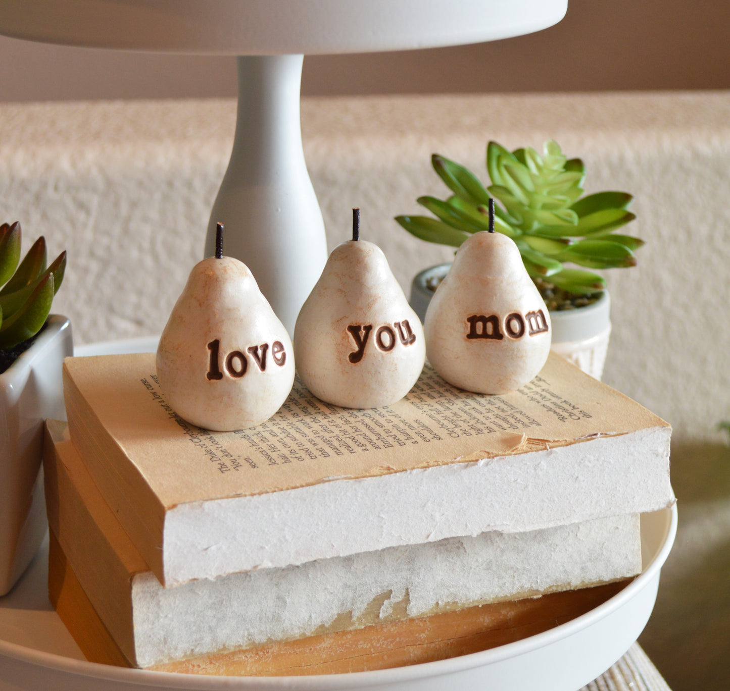 Gift for mom / Mother's Day gift for mothers / Gift from daughter, son, child, children / 3 white love you mom clay pears / Ready to ship