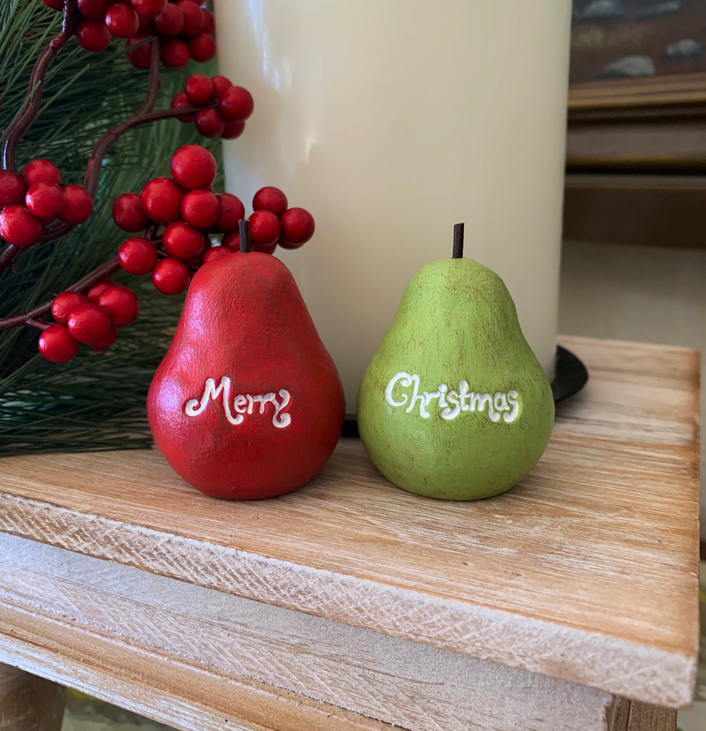 2 vintage style red and green Merry Christmas pears
